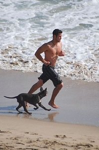 man and dog are running on the beach